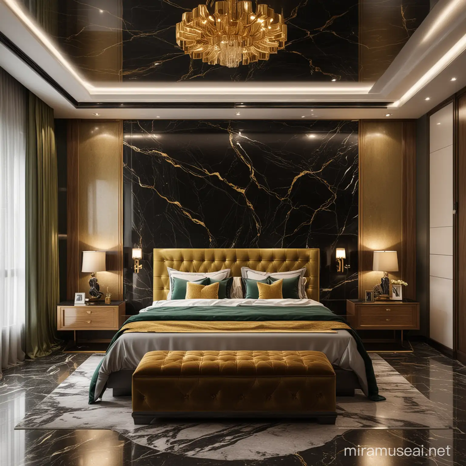 Black marble green colour and brown colour scheme with golden touch for masterbedroom
