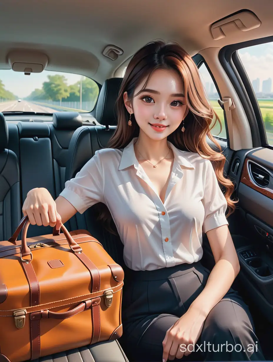 Draw a handsome man and a beautiful woman driving happily home, the car is very beautiful, there is luggage in the car.