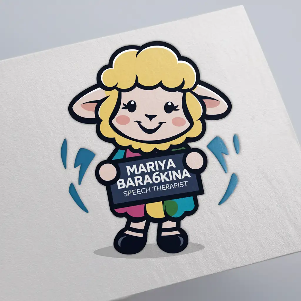 Logo, cartoon ,(A sheep girl logopedist holds a sign "mariya_bara6kina") ,white background,