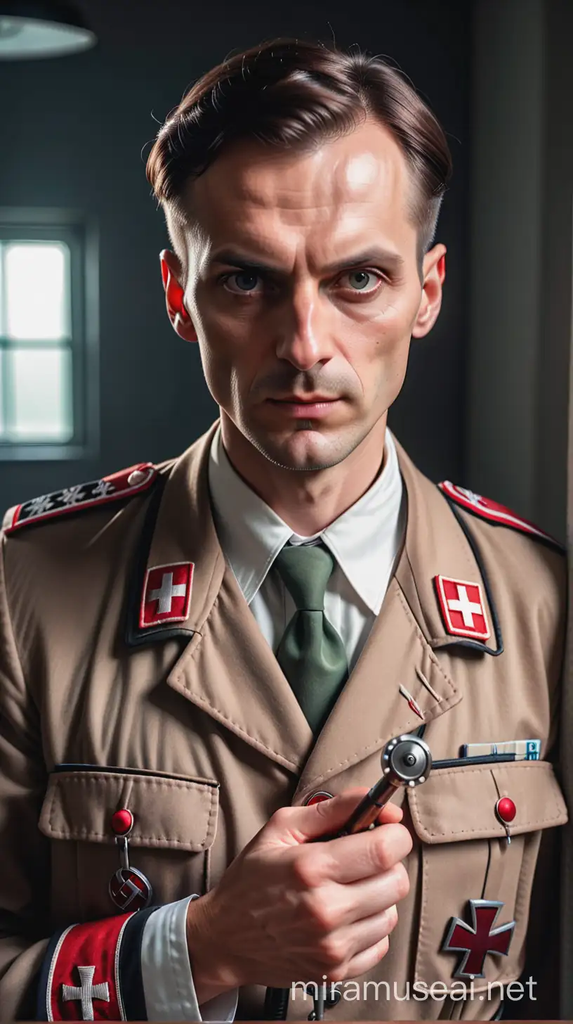 an evil doctor looking at camera in nazi uniform with a lancet in his hand