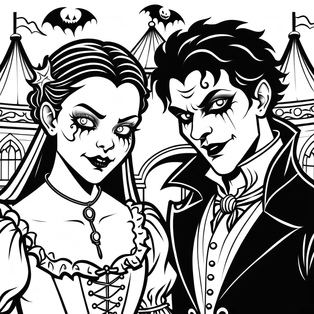 a simple black and white coloring book outline of two older teens vampires at carnival, for coloring
