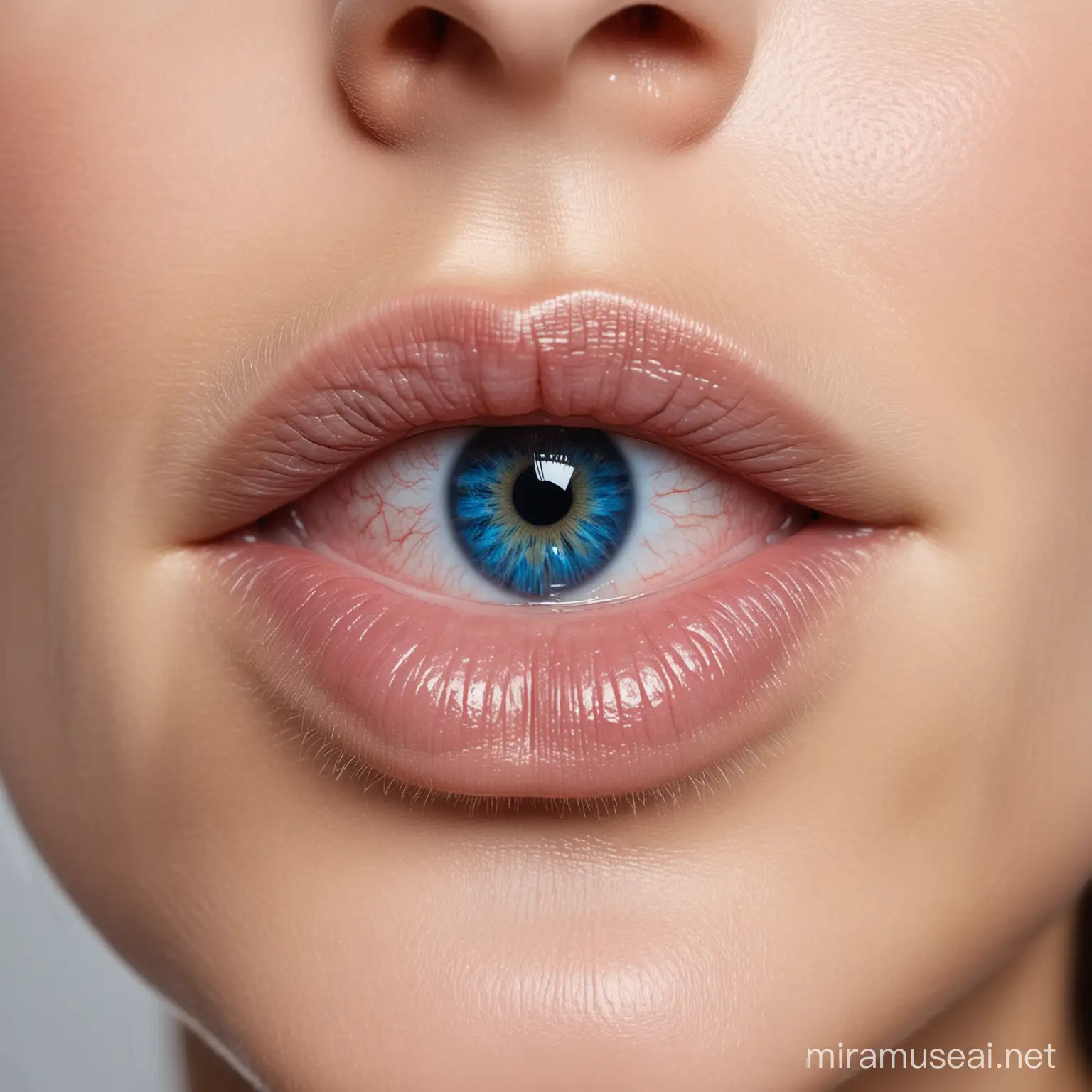 opened woman's mouth. There is girl's eye with blue iris inside mouth.