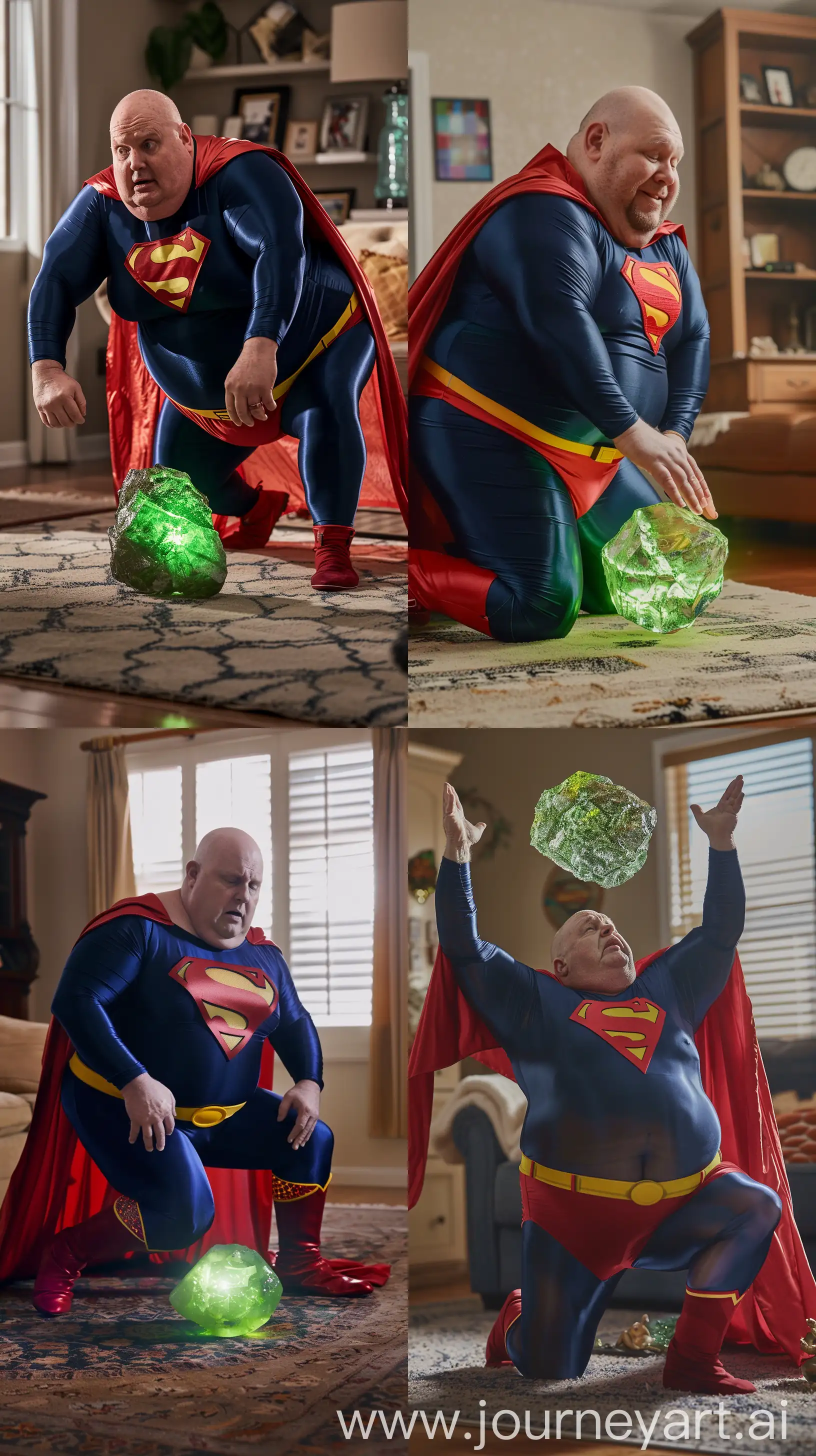 Front close-up photo of a fat man aged 60 wearing silk navy blue complete superman tight uniform with a large red cape, red trunks, yellow belt, red boots. Falling on his knees on the ground with his arms lifting a green glowing rock off the ground. Inside a living room. Bald. Clean Shaven. Natural light. --ar 9:16