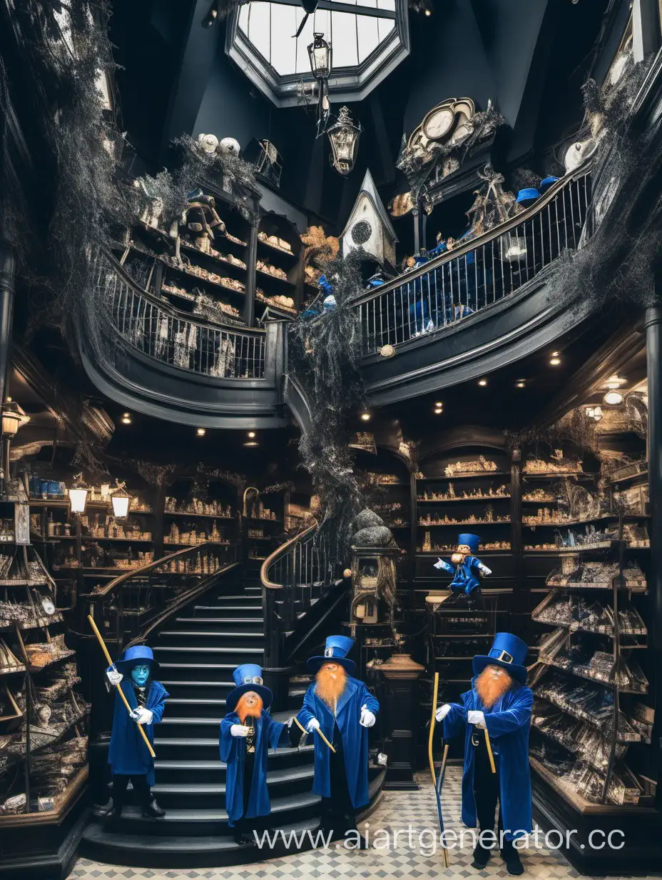 двух этажный магазин, магия, лестница на другой этаж, магазин волшебных палочек,  два синих леприкона в строгих черных костюмах, волшебные палочки 