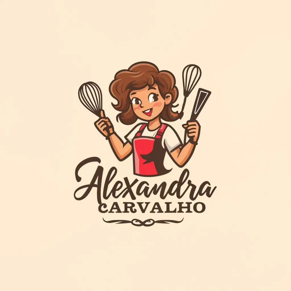 a logo design,with the text "Alexandra Carvalho", main symbol:girl with brown curly hair and bangs, holding some kitchen tools,Moderate,be used in Restaurant industry,clear background