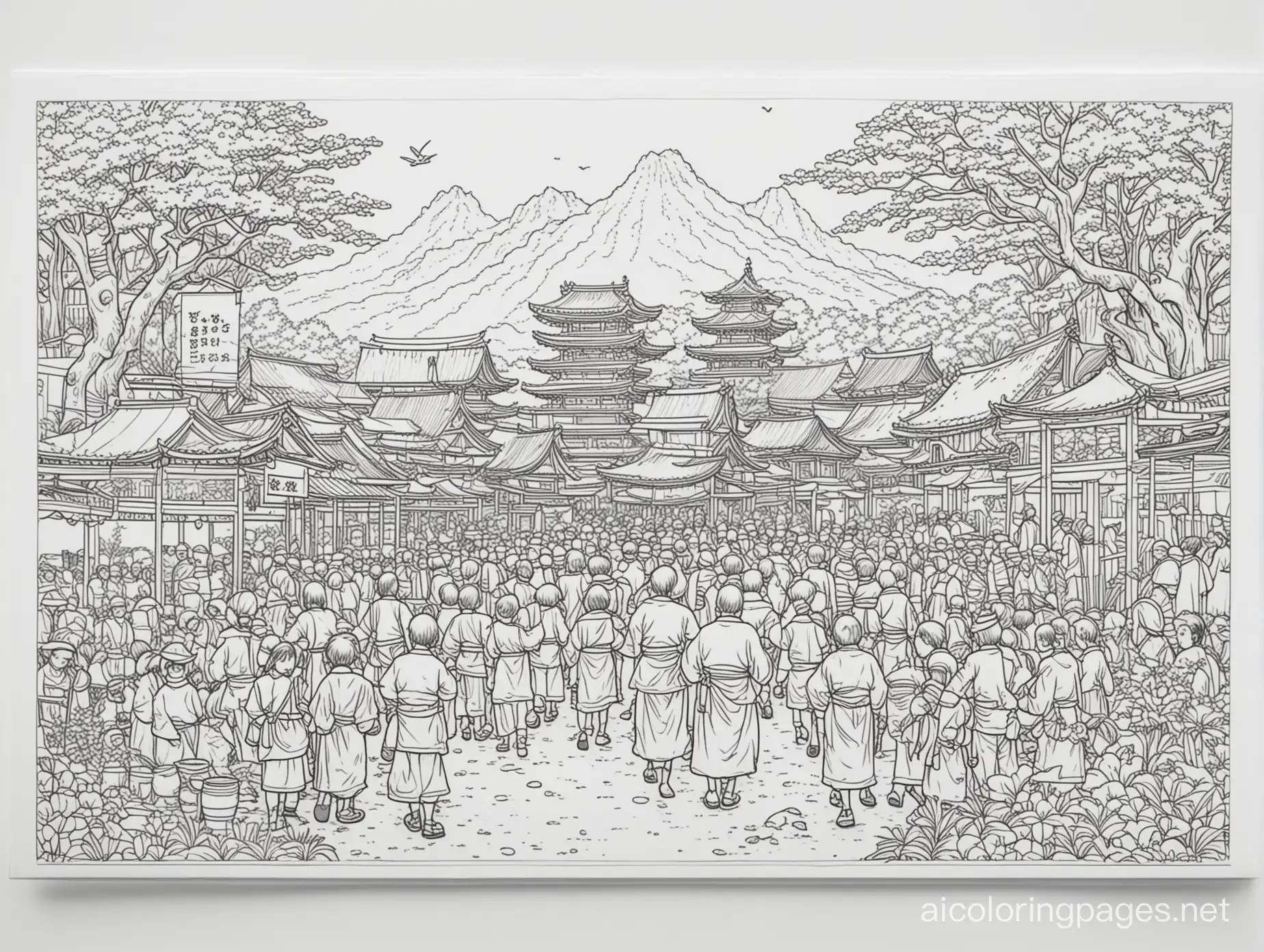 Showa Festival, Coloring Page, black and white, line art, white background, Simplicity, Ample White Space. The background of the coloring page is plain white to make it easy for young children to color within the lines. The outlines of all the subjects are easy to distinguish, making it simple for kids to color without too much difficulty