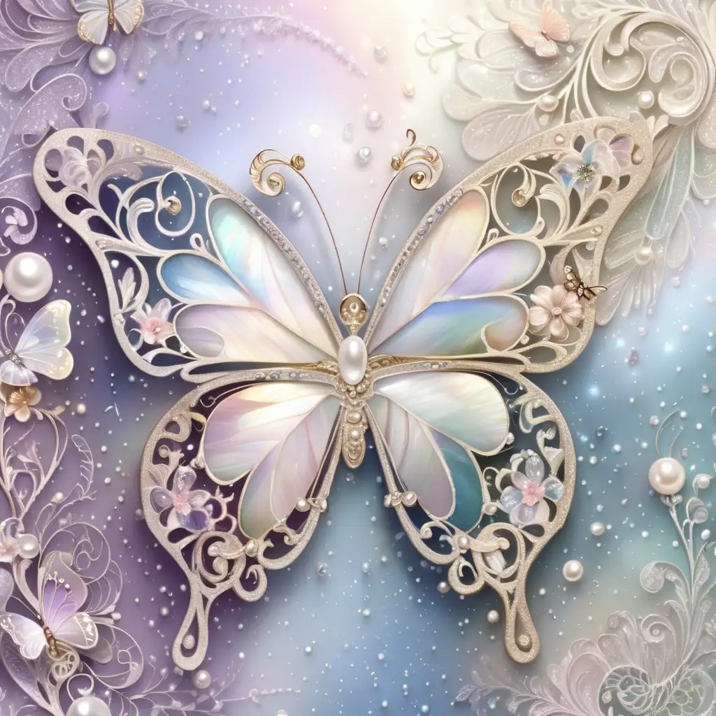 mother of pearl glitter background, filigree, lace, pearls, glittersplash, shimmering, glitter dust, drop shadows, delicate fancy butterfly