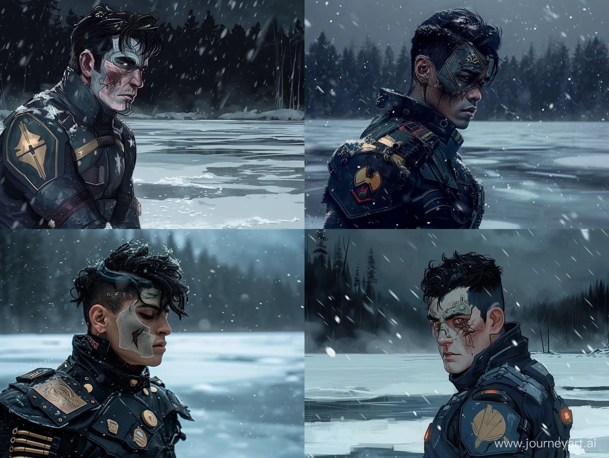 SciFi-Warrior-with-Black-Hair-and-Ancient-Mask-on-Icy-Lake