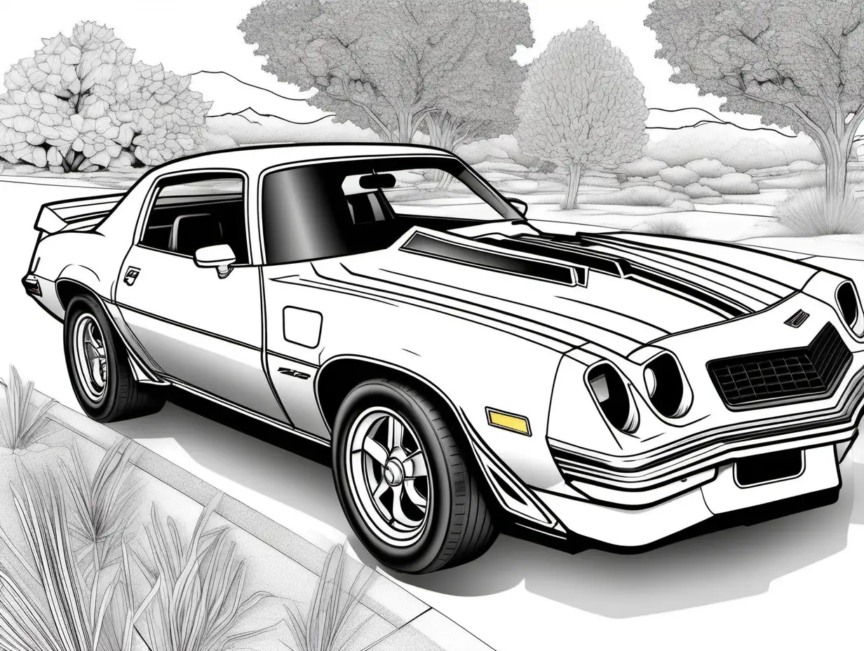 coloring page for adults, classic American automobile, 1977 Chevrolet Camaro Z28, clean line art, high detail, no shade