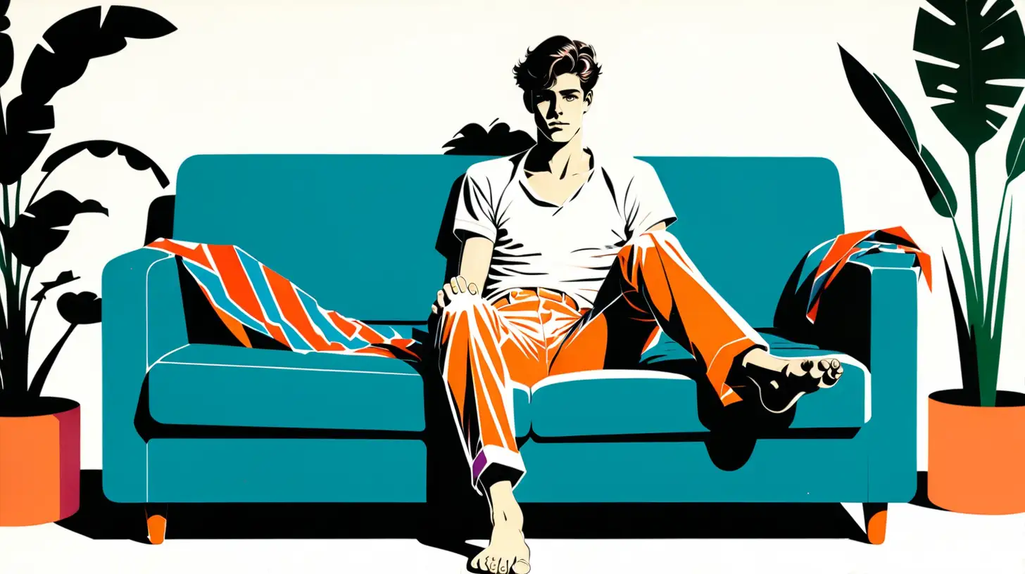 Stylish Retro Illustration of a Young Man Relaxing on Sofa