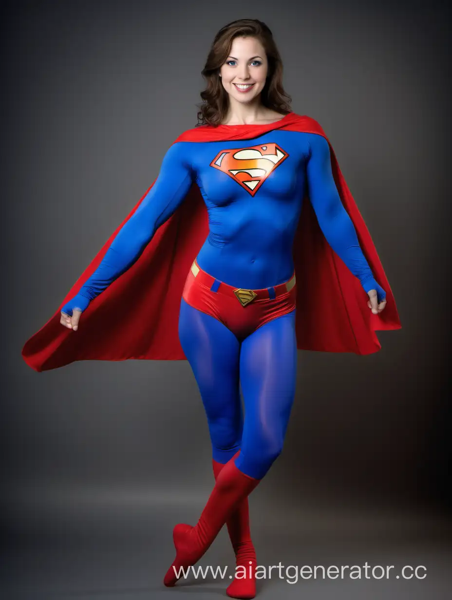 A beautiful woman with brown hair, age 30, she is happy and muscular. She has the physique of a ballet dance. She is wearing a Superman costume with (blue leggings), (long blue sleeves), red briefs, red boots, and a long cape. Her costume is made of very soft fabric. The symbol on her chest has no black outlines. She is posed like a superhero, strong and powerful.