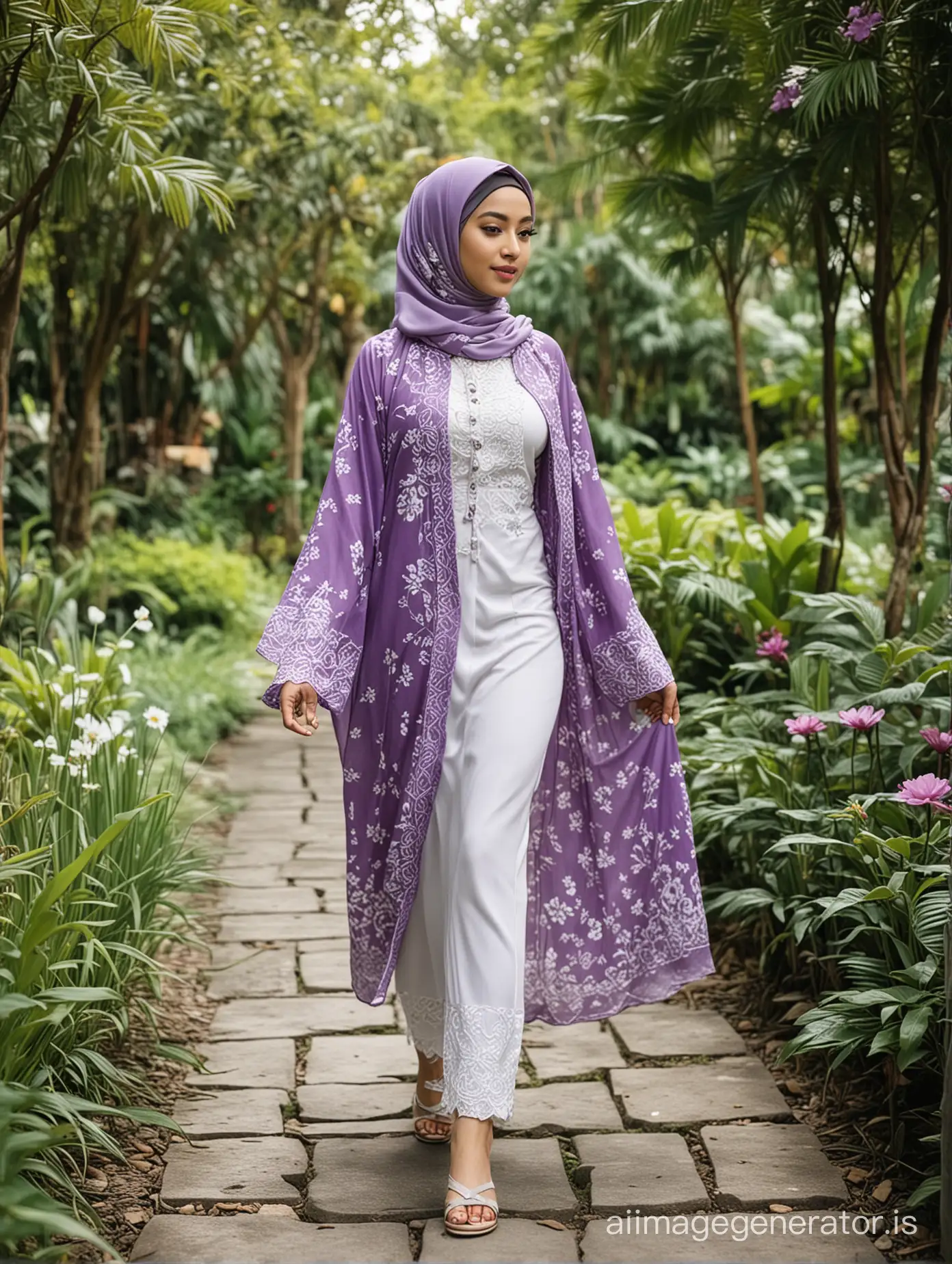 Elegant-Hijab-Girl-Strolling-Amidst-Floral-Splendor-in-Purple-and-White-Kebaya