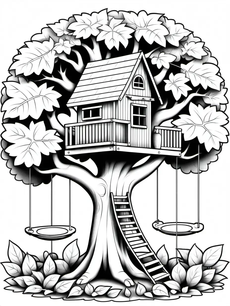 Playful Childrens Tree House with Swing Coloring Book