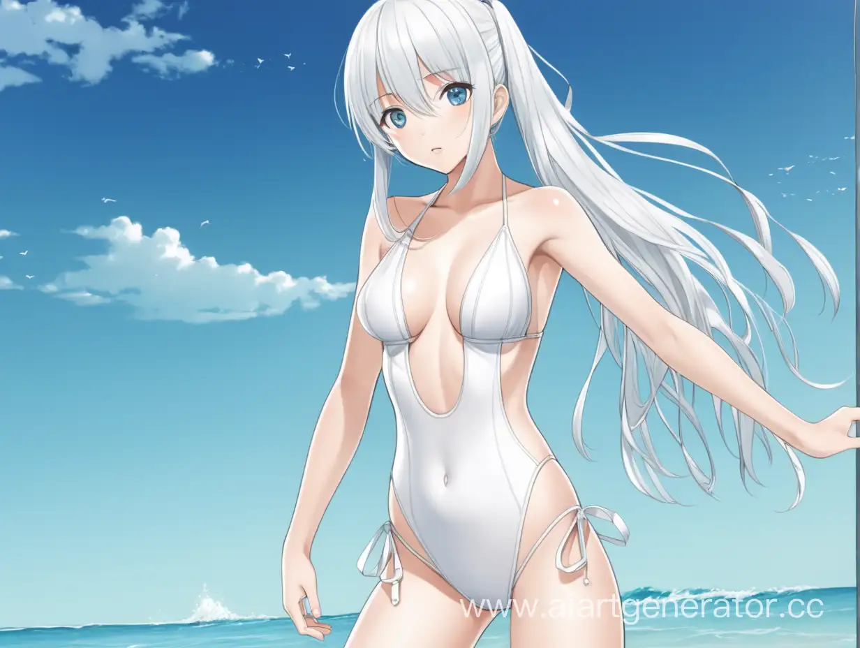 Аниме девушка в белом купальнике и с красивой фигурой
