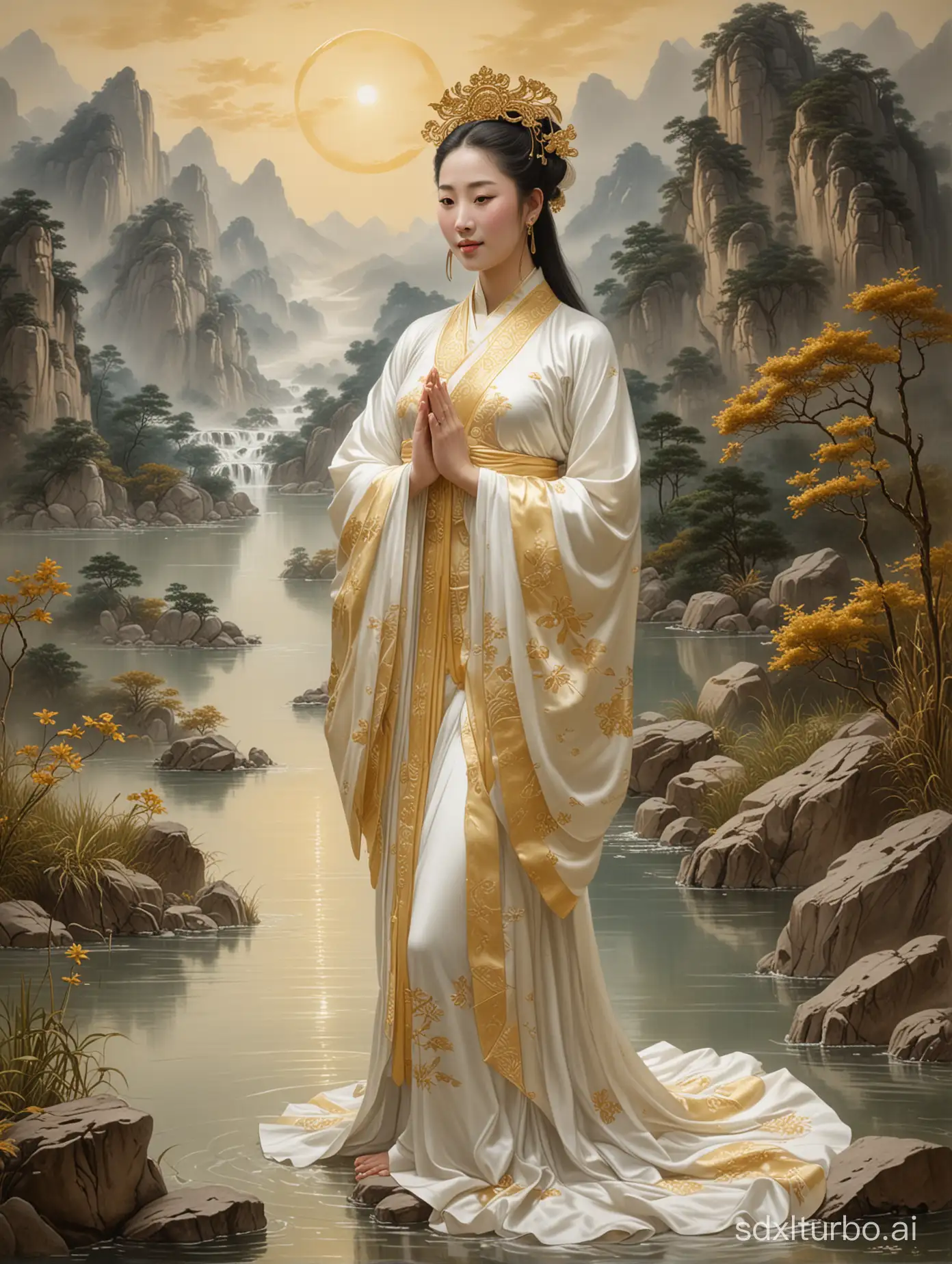 Chinese-Goddess-of-Mercy-in-Tranquil-Mountain-Setting