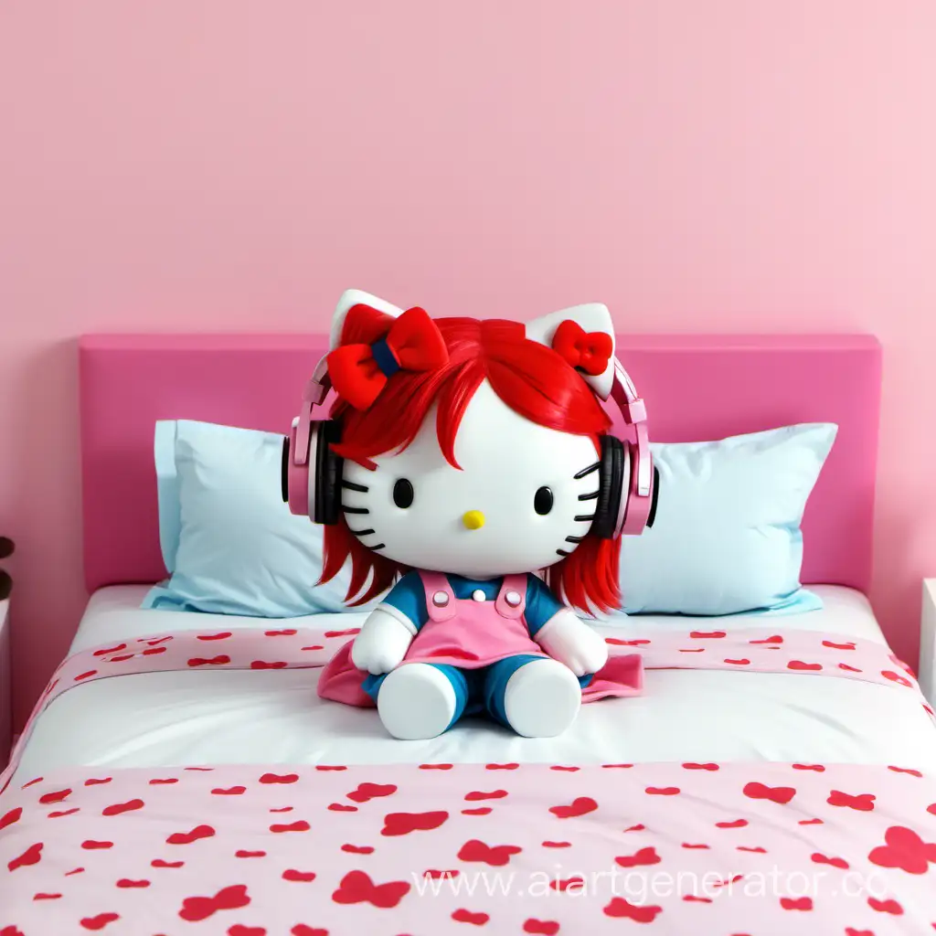 Adorable-Hello-Kitty-with-Vibrant-Red-Hair-Enjoying-Music-on-a-Cozy-Bed