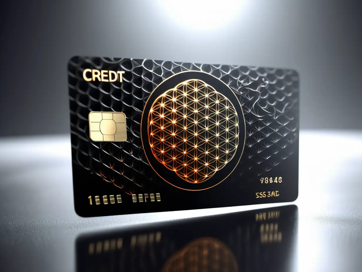 metallic futuristic credit card with the flower of life burned on it with nothing written on it, high quality