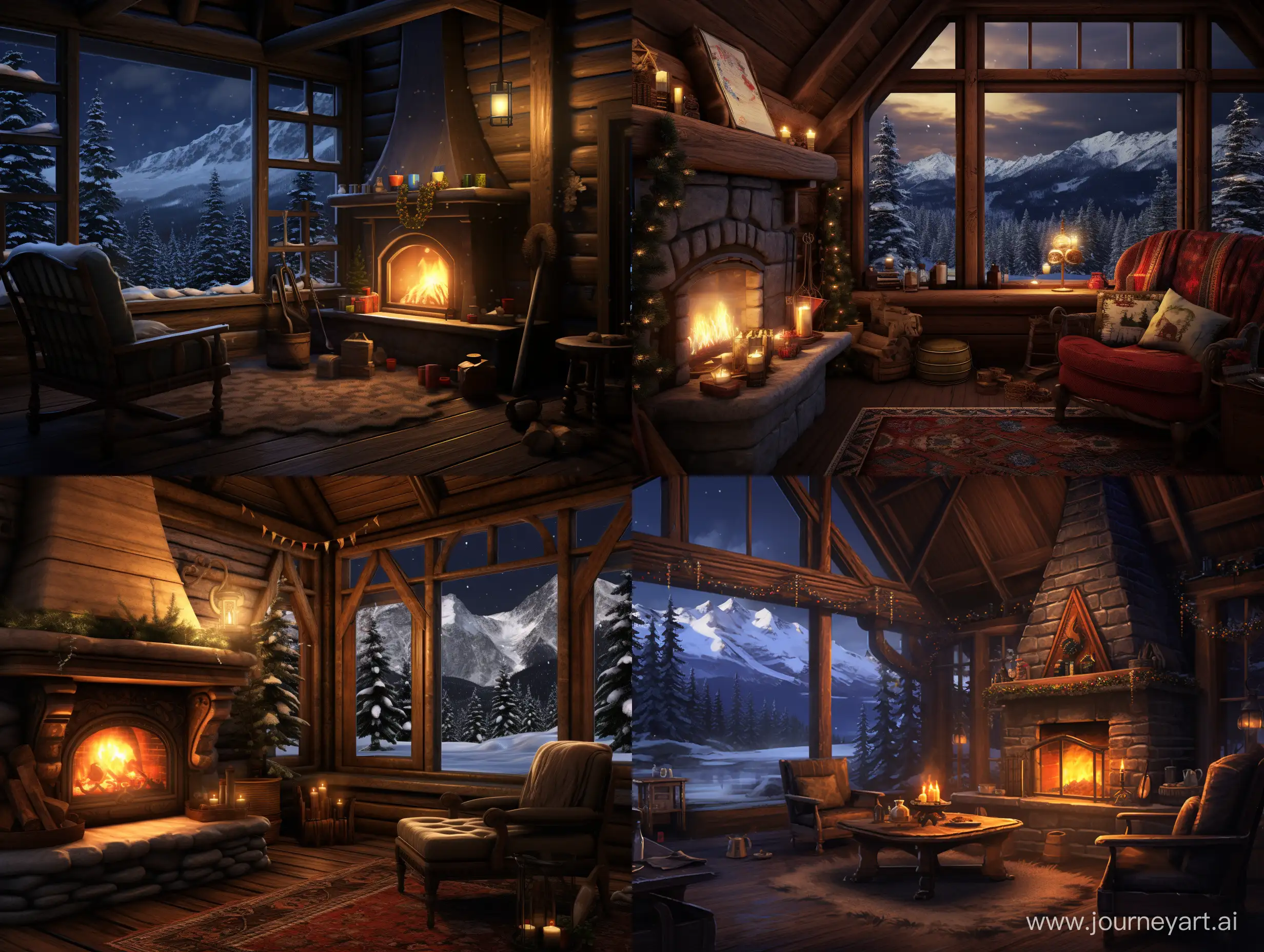 cozy cabin, snowing outside, fireplace