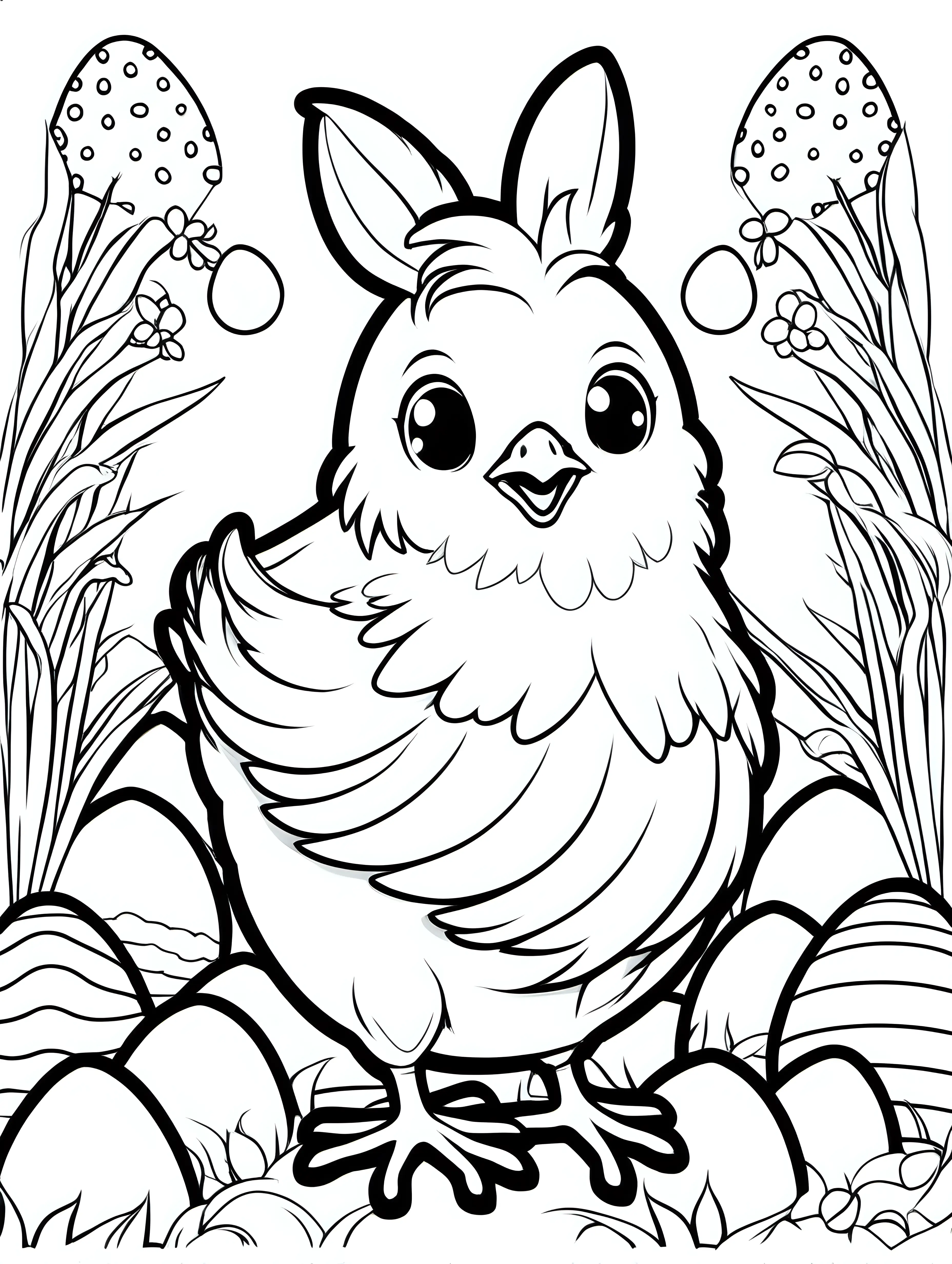 kawaii Easter pullet, simple  coloring book cover 4-7 year, full color, vector, HD
