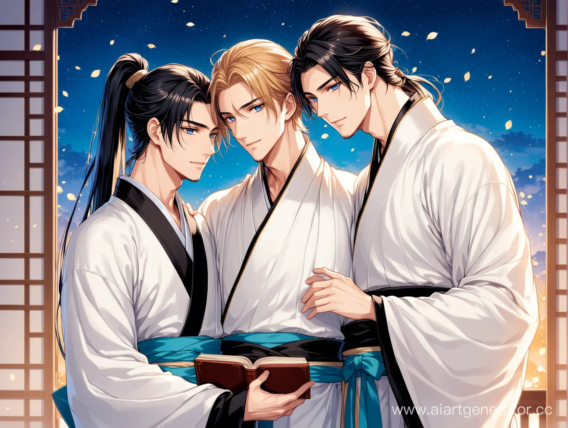 Two graceful men in white and black hanfu, long high ponytail, gold and blue eyes, book cover, holding each other, beautiful background, visual novel