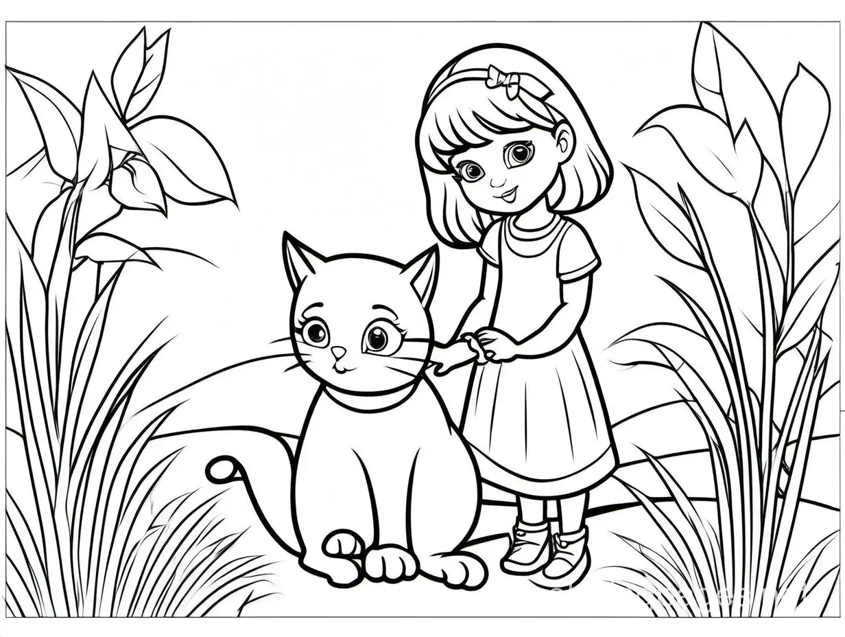 girl five years old playing with the cat, Coloring Page, black and white, line art, white background, Simplicity, Ample White Space. The background of the coloring page is plain white to make it easy for young children to color within the lines. The outlines of all the subjects are easy to distinguish, making it simple for kids to color without too much difficulty