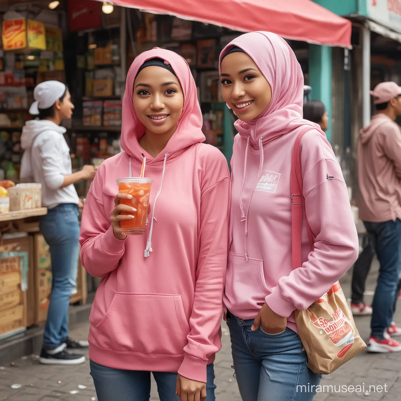 Realpict, A realistic image of a 30 year old Indonesian woman, wearing a hijab, wearing a pink hoodie, jeans, red Nike Jordan shoes, [super disgusted face], [eyes glancing], gossiping with her friend, holding a plastic bag filled with iced tea, behind her is a typical Indonesian food stall. super detail, hyper realistic, resolusion UHD