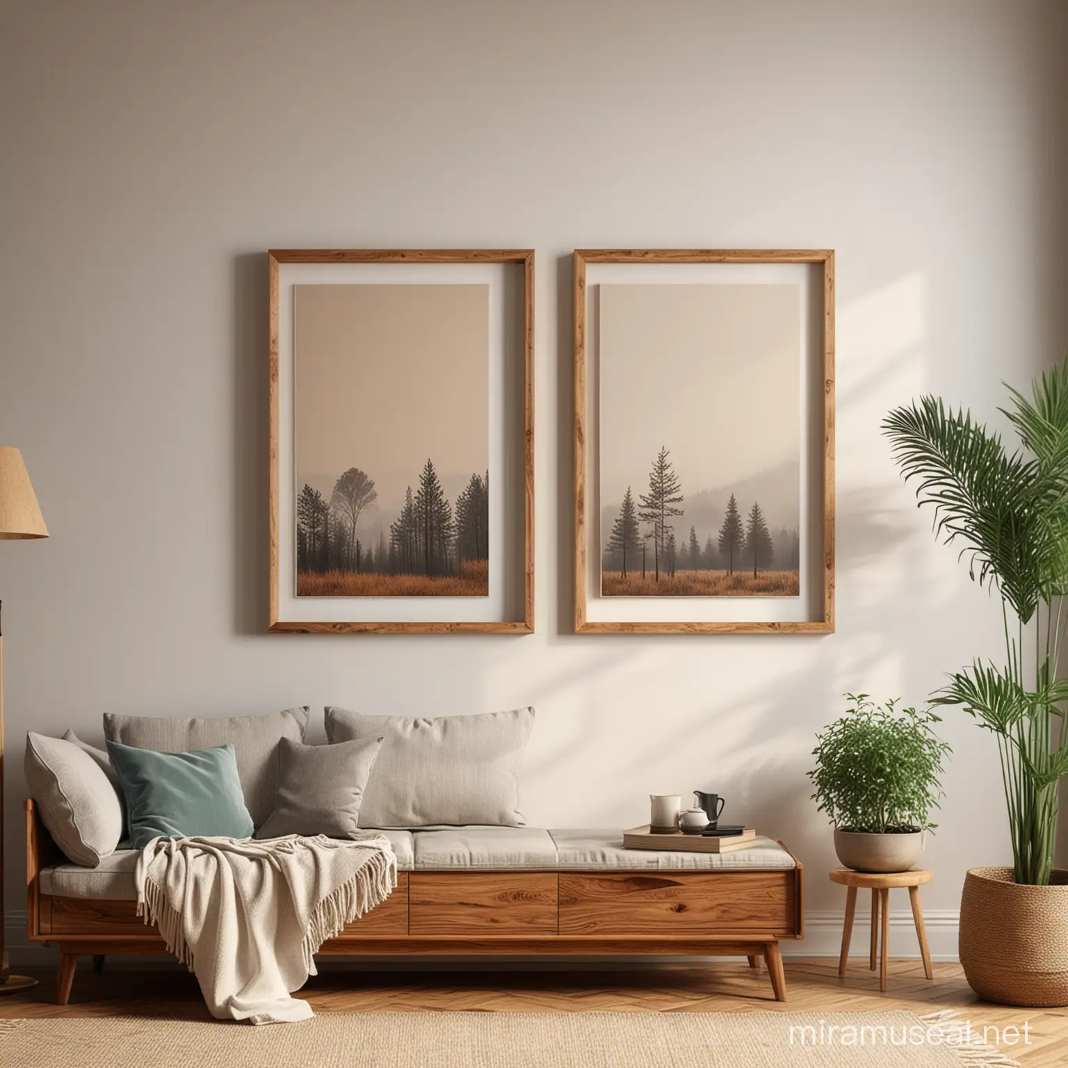 photo realistic of three thin wooden frame mockup, home decor interior, cozy boho living room, 4K, natural lighting, window shadow overlay