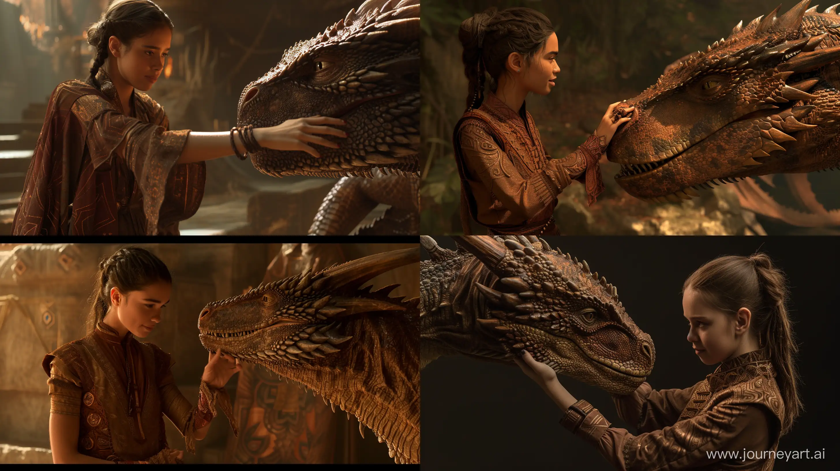 a young woman in brown clothes, with intricate designs, petting a large brown dragon in the head, cinematic lighting, hyperrealistic, --ar 16:9