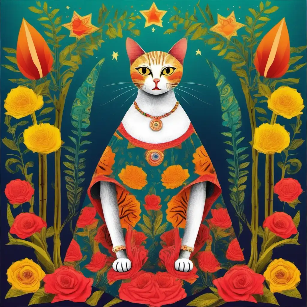 illustration of a cat in the style of artist frida kahlo. surrealist, magic realism. composition are irrational, strange and magical, bright colors