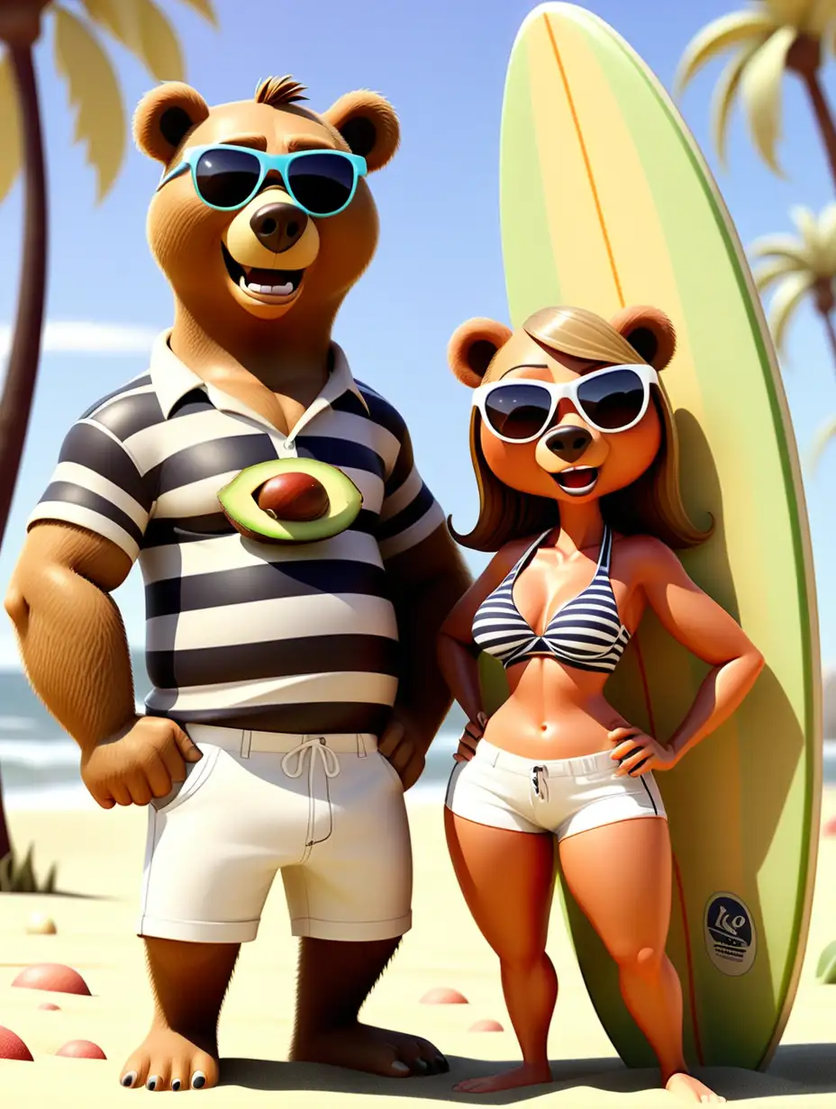 Three goofy cartoon beach female and male partier bears wearing sunglasses on a beach in California all holding a surfboard. They are dressed in vertical striped shirts with white shorts. Vivid, scene: a sunny beach. In the background a big avocado, pixar style illustration