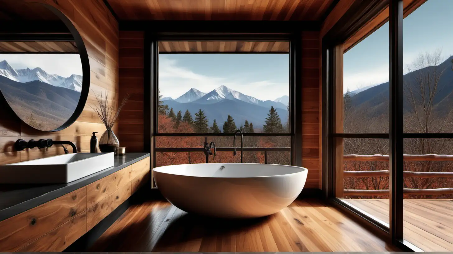 depict a bathroom, with wooden floors and walls, a sink with dark fixtures, a window showing mountainous surroundings