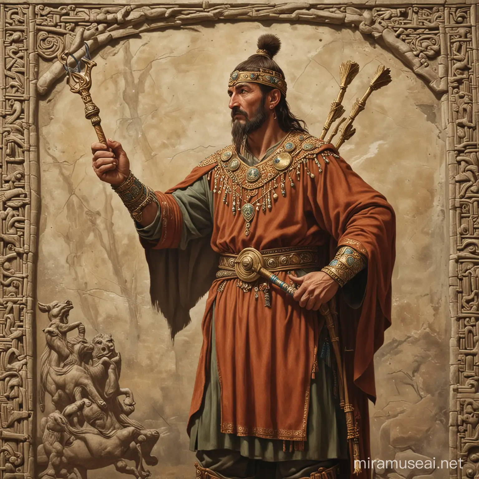Scythian priest having a scepter that shoots magic arrows