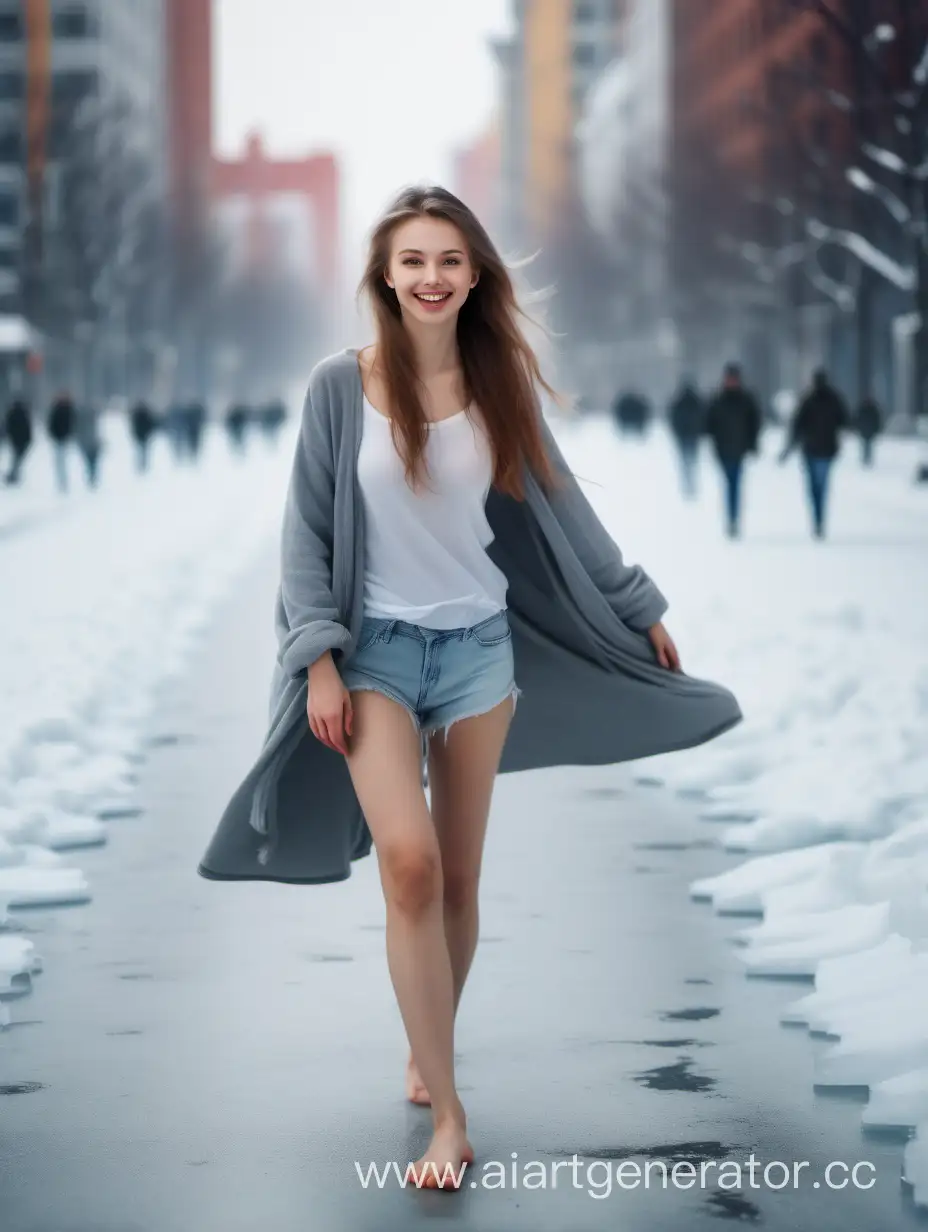 漂亮少女赤脚在冰天雪地的城市中赤脚行走，微笑