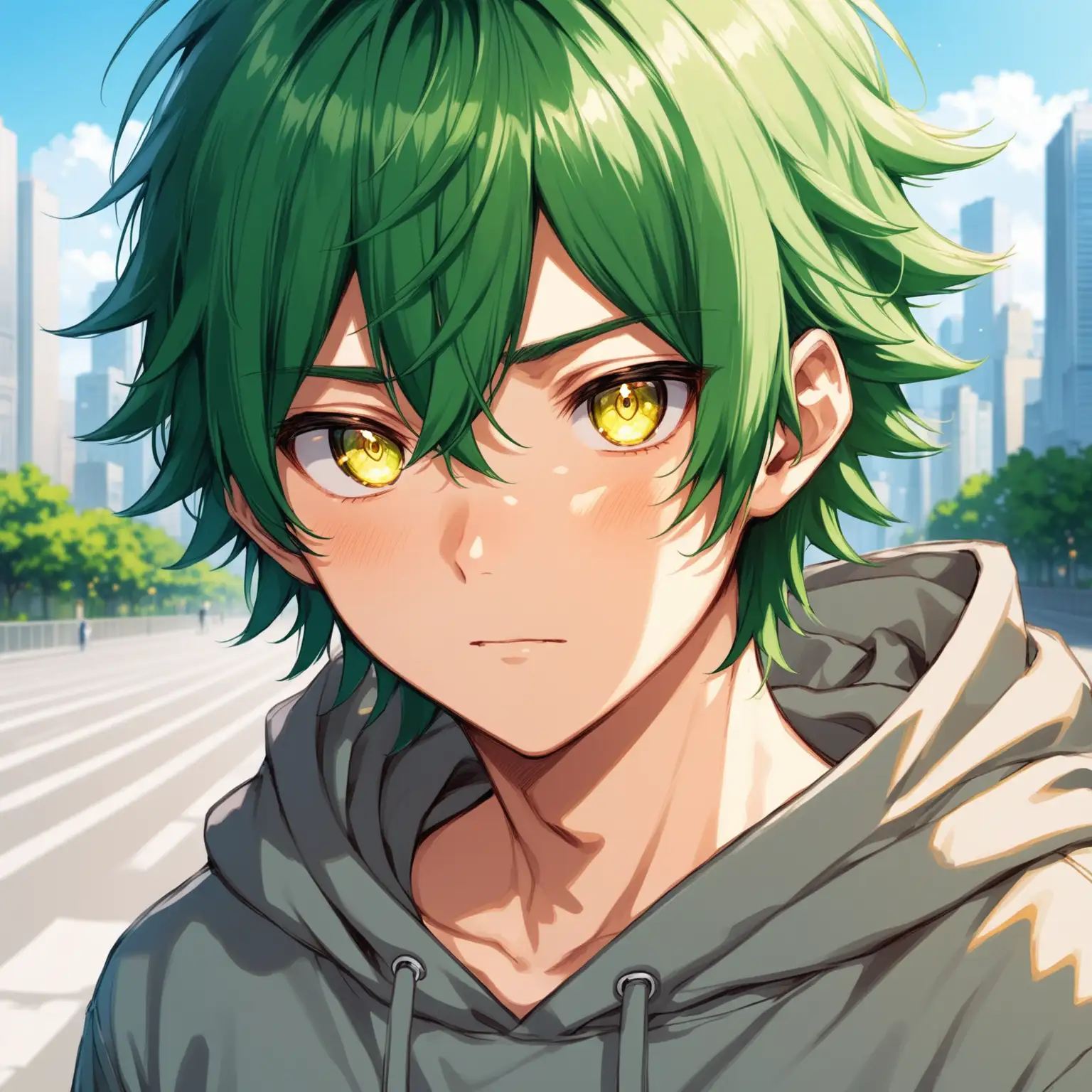Draw a cute anime boy, high quality, close up, natural lighting, outdoors, city, grey hoodie, wavy green hair, gold eyes, deadpan face