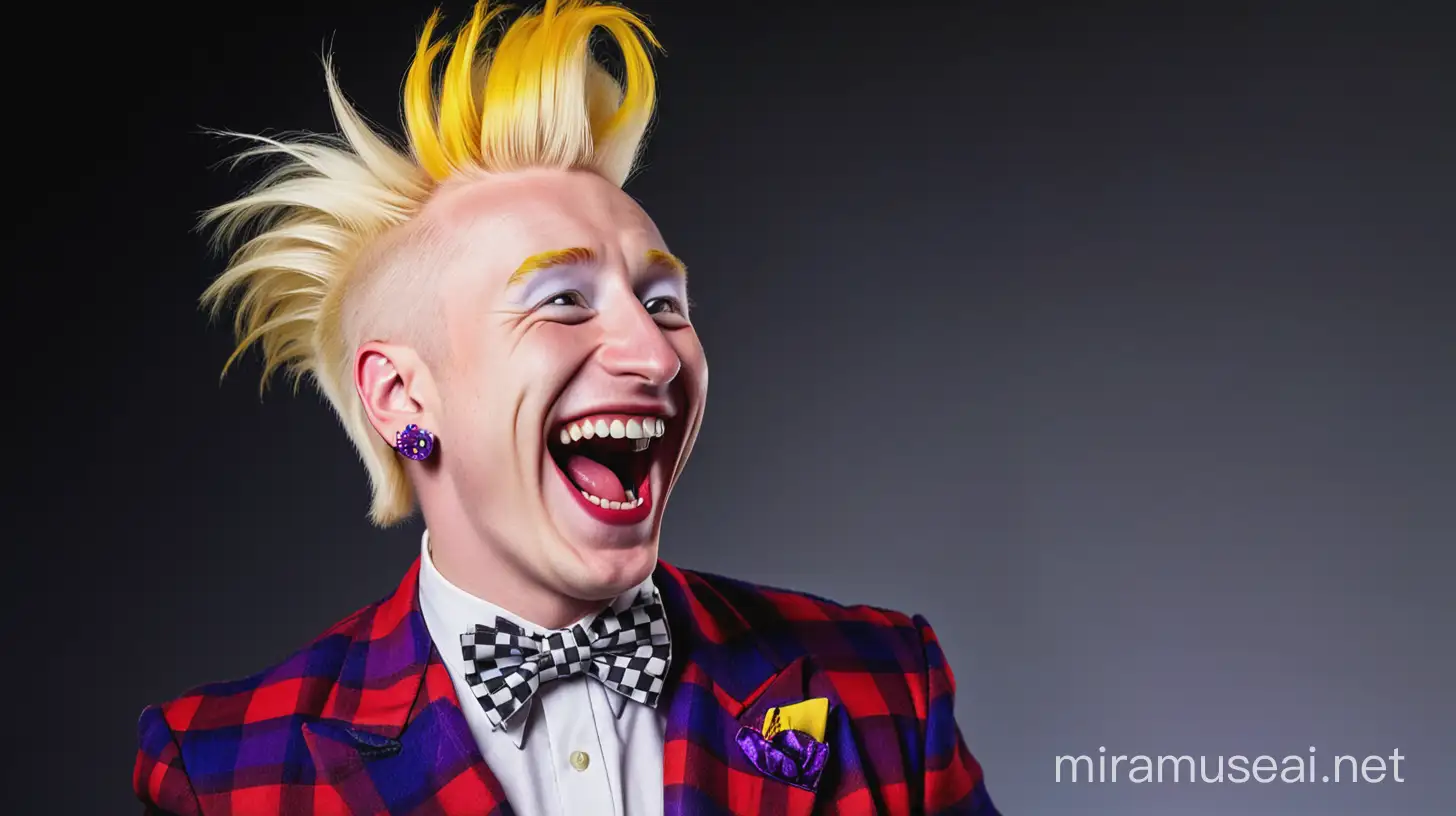 a portrait of bello nock laughing. he is wearing a checkered jacket, black bowtie, white shirt, earrings. his hair is red with yellow tips. his hair is tall and messy and the sides are blonde. his lips are purple.he has red, yellow and blue eyeshadow