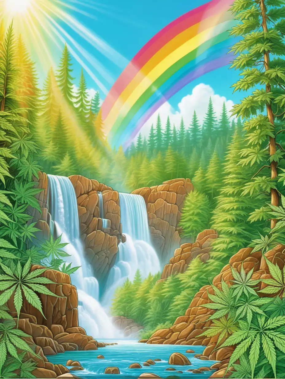 Give me a field of cannabis with the forest in the background with a waterfall, rainbow and bright sunshine, cartoon theme





 
