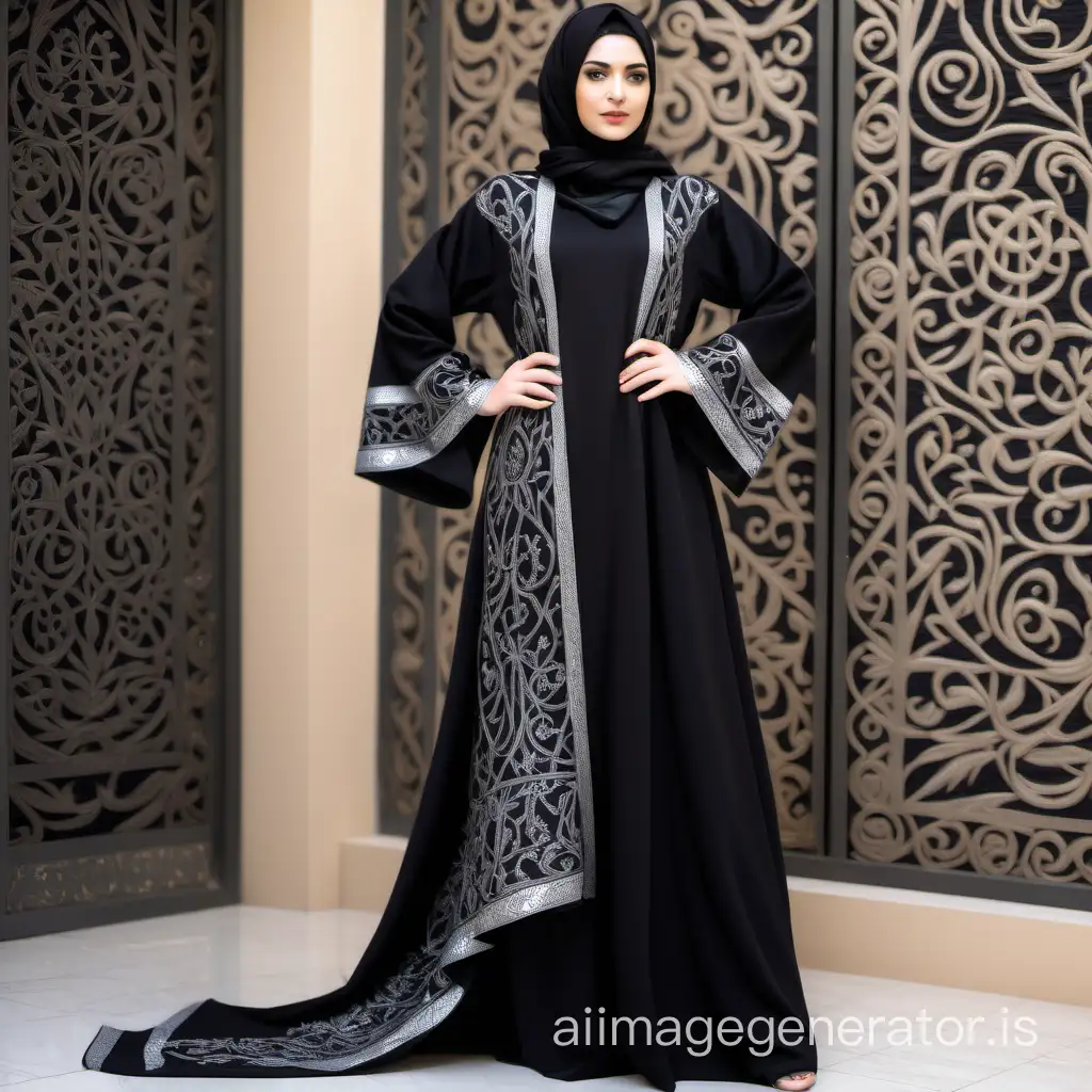 create a full length image of  a girl wearing jet black abaya with black and silver embroidery on its panels and neck and sleeves flair.she must wear scarf with the same matching and  pattern