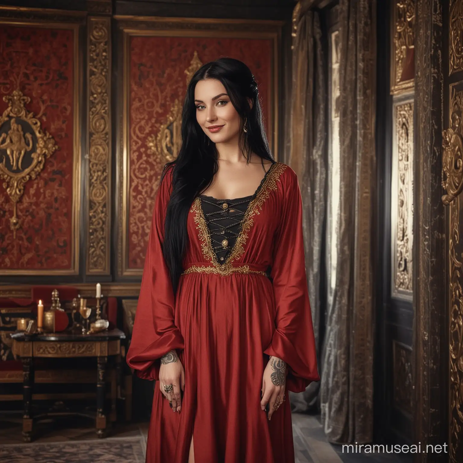 Photo medieval style: a woman 28 years old with long, straight black hair, tattooed and black make-up in a noble, medieval, dark red robe with gold buttons stands in a noble room in Roman style and smiles. Sigma 85mm F/1.4

