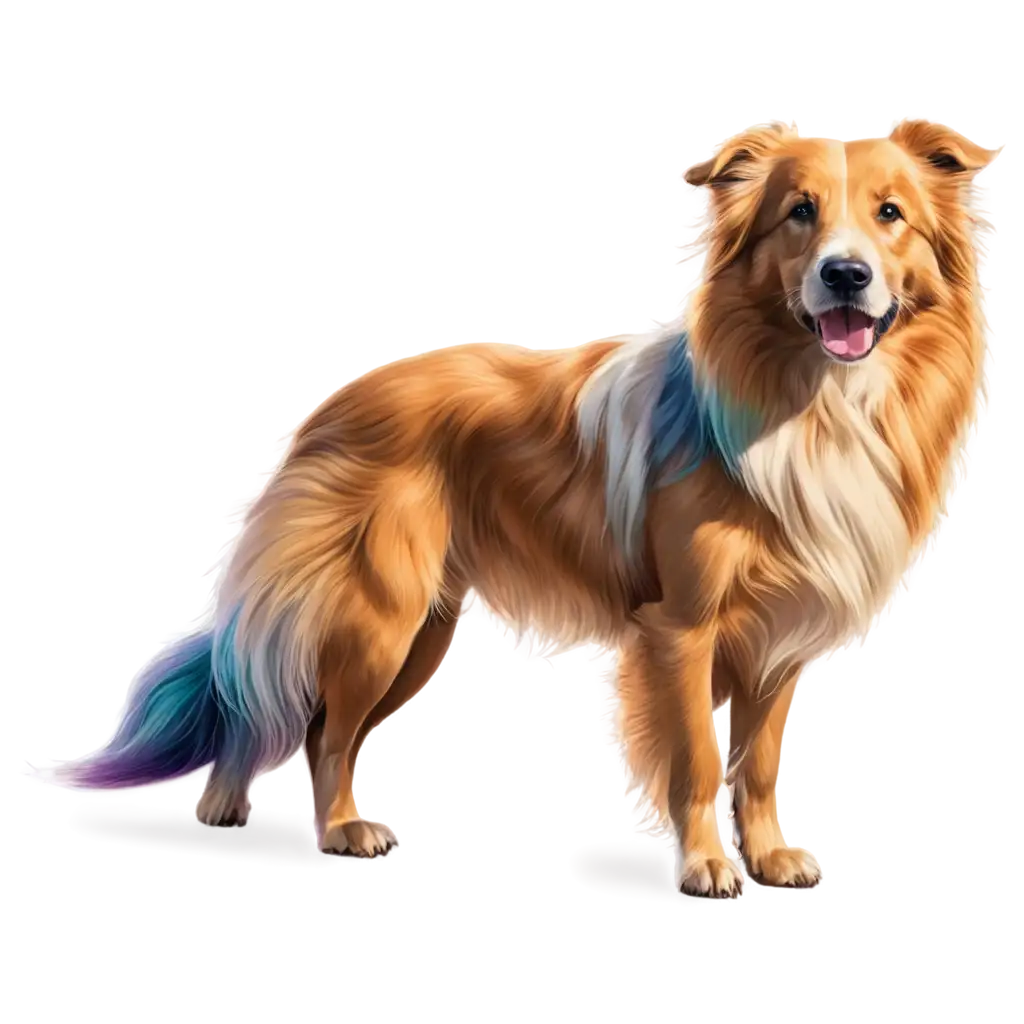 A stunning, ultra-HD vector art illustration of a colorful, long-haired dog with a playful expression and a long, flowing tail. The dog's coat is a mesmerizing blend of vibrant colors, reflecting the artist's mastery of shading and blending. The background showcases a high-definition, high-contrast landscape with a mix of natural elements and dreamy, watercolor-like skies. The illustration is rendered in a 3D-inspired style and features a transparent background, making it suitable for various design purposes., painting, illustration, anime, photo, 3d render