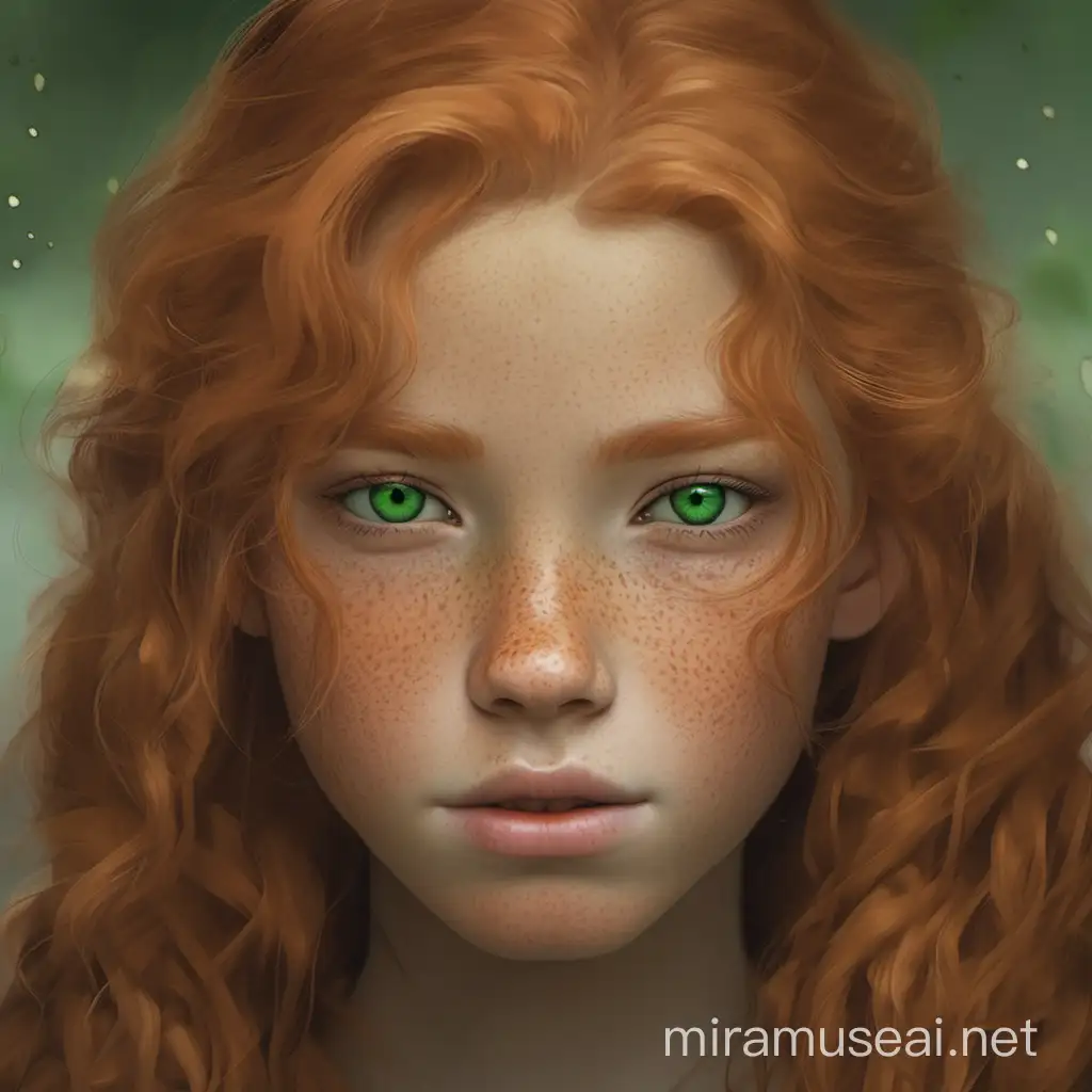 A warrior girl, freckles in her cheeks, green eyes, ginger and wavy hairs