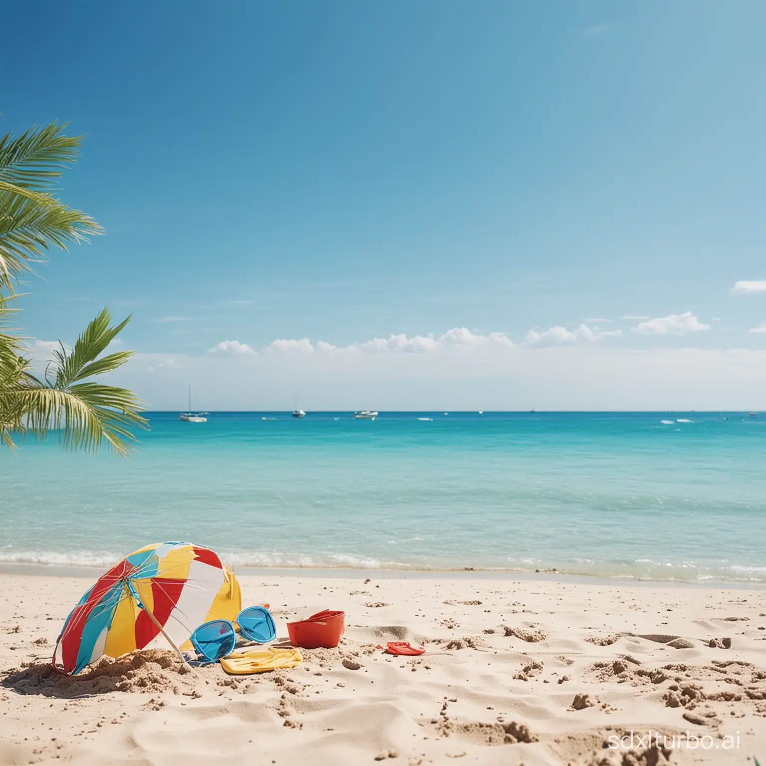 The scene on the beach, summer elements, clear, blue background, unobstructed, summer.