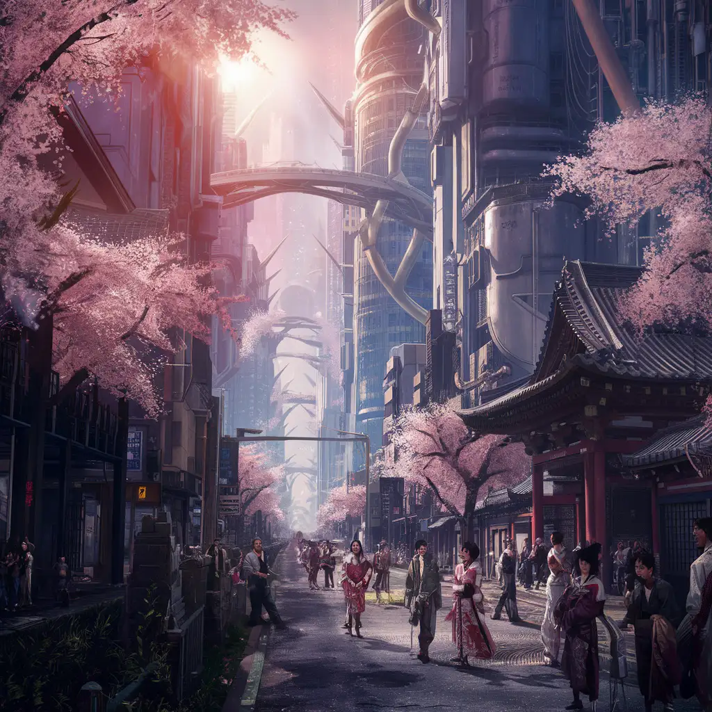 Futuristic Streets of Neo Kyoto with Geishabots and Cherry Blossoms