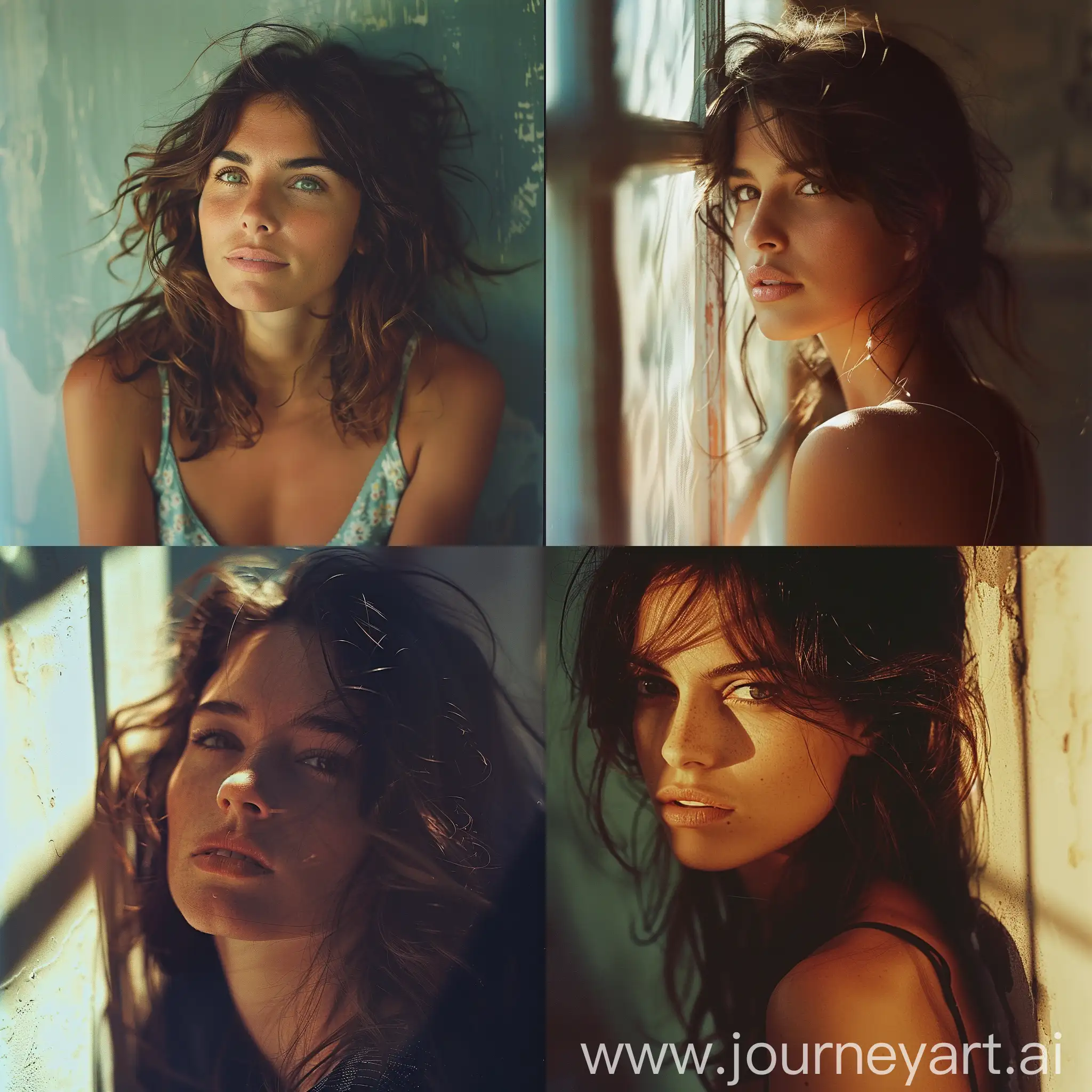 Intimate photographic portrait of an attractive 40 years old Spanish woman, in front of a flat wall, playful hair, peaceful and joyful expression, deep and captivating eyes, looking at camera, eye contact, summer gentle light, cinematic style, shot with Fujicolor Pro 400H::3 by Guy Aroch ::2 --style raw
