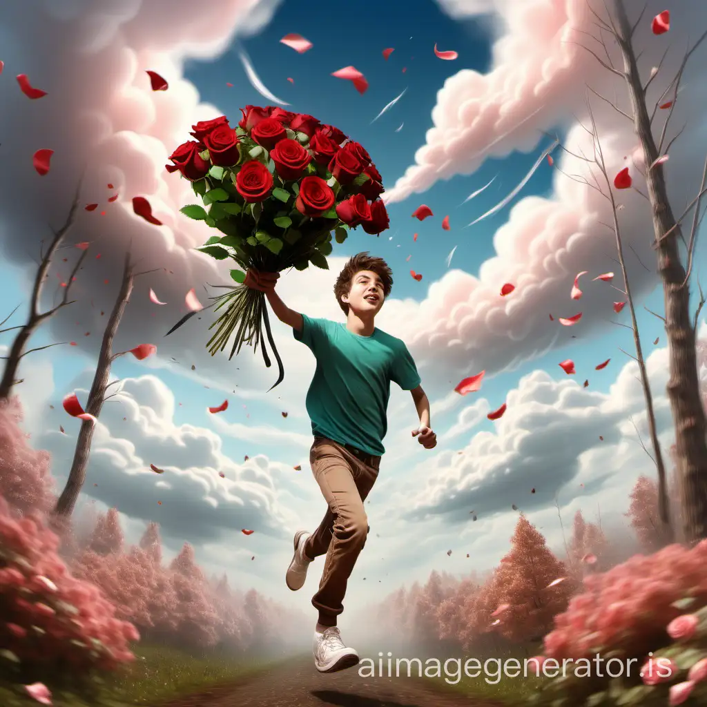 Teenage-Girl-Running-with-Bouquet-of-Roses-in-Forest-under-Moving-Clouds