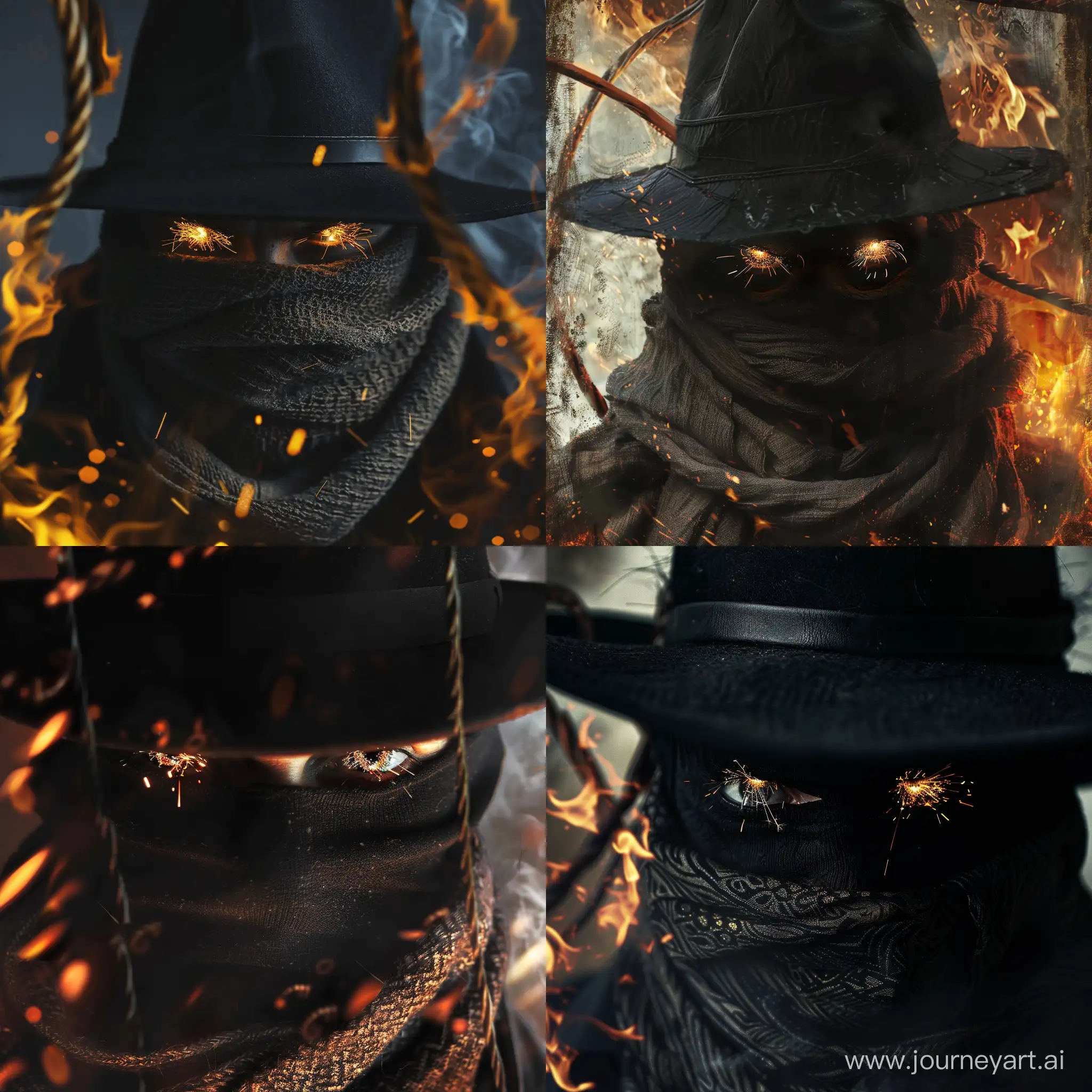 по центру черная шляпа, из-под которой выглядывают глаза с огоньками, лицо скрыто шарфом, а на фоне хлыст в огне