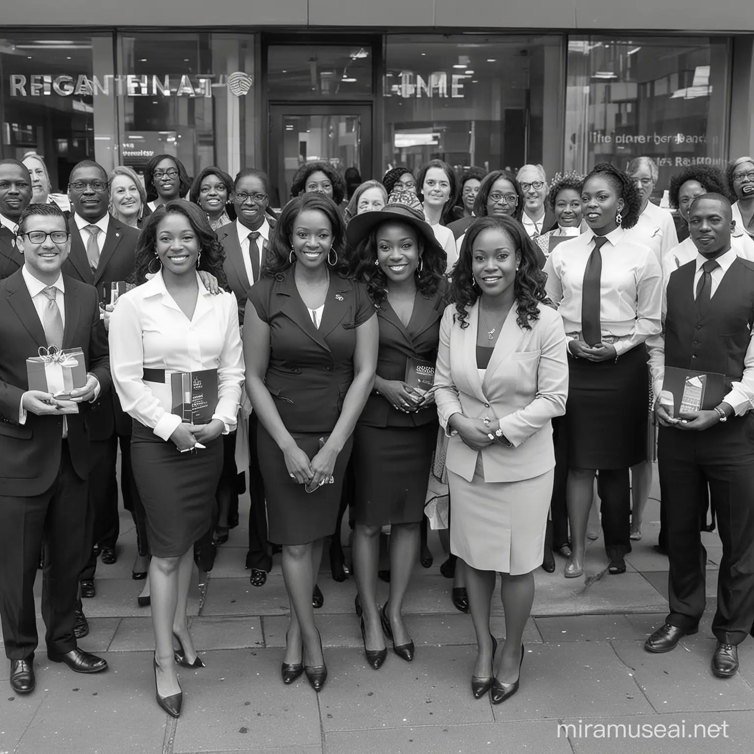 Regenerate me white and black women's bank agents and also well-dressed black and white men at a ceremony where they give gifts to their bank's customers during a special event on the bank's premises.