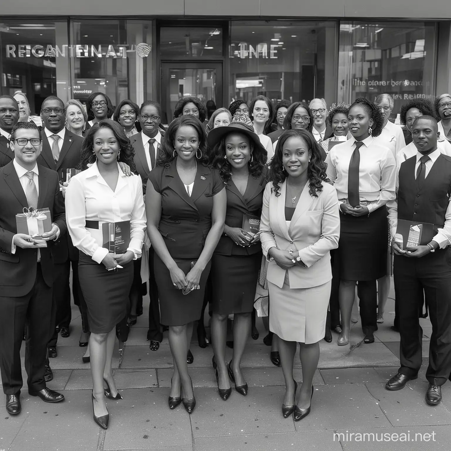 Bank Agents Presenting Gifts to Customers Diverse Men and Women at Special Event