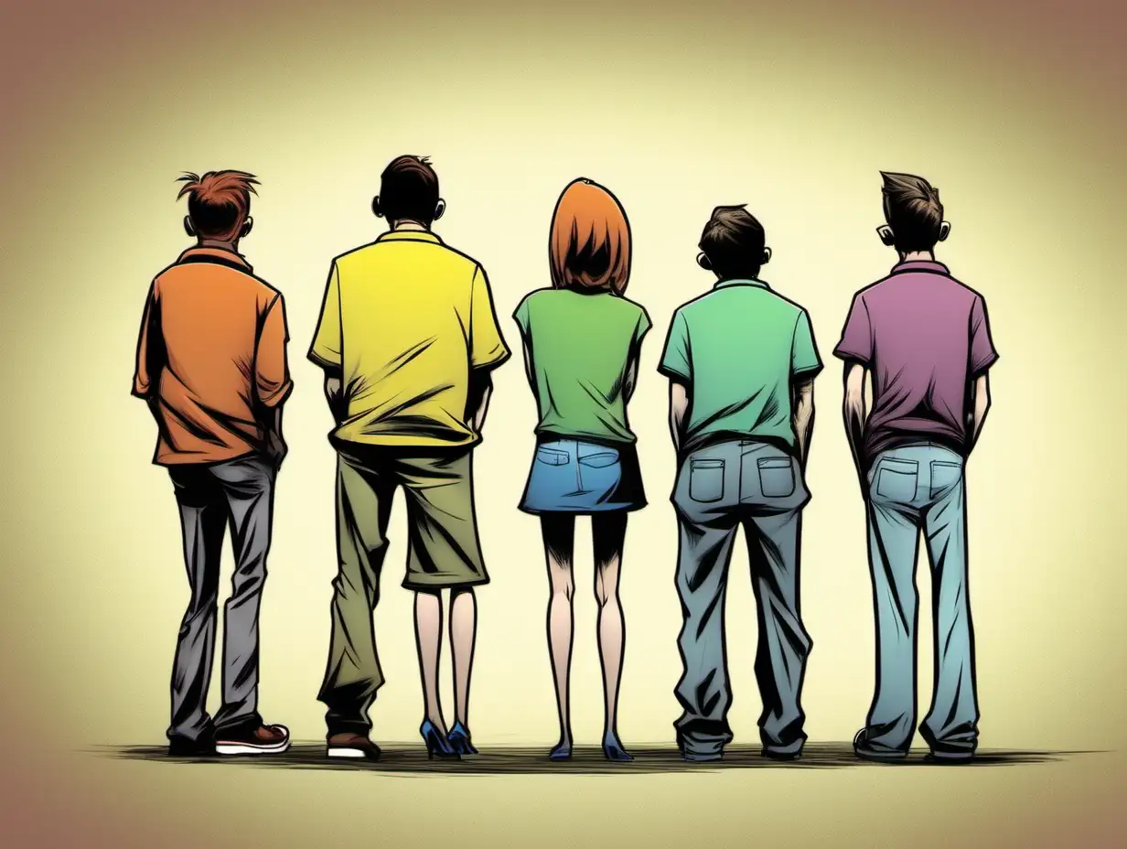 Colorful Cartoon Scene Group of Four People Standing Together