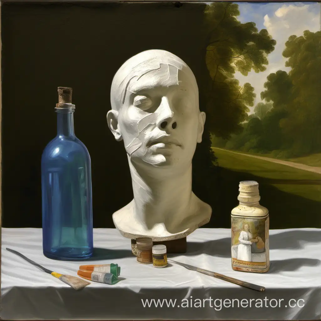 Outdoor-Oil-Painting-Still-Life-with-Plaster-Head-corch-and-Bottles