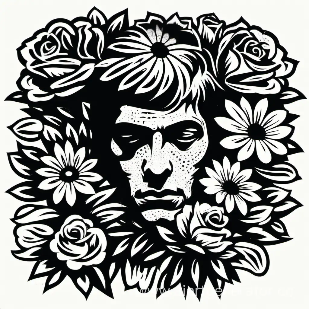 Grayscale-Stencil-Art-Mans-Severed-Head-in-Floral-Bouquet